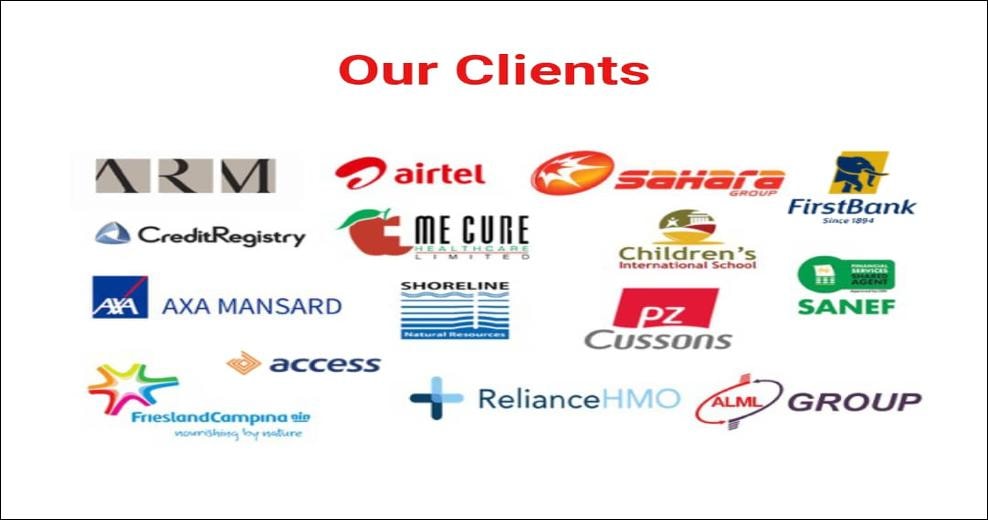 Our clients including ARM, Airtel, Sahara Group, First Bank, AXA Mansard, PZ Cussons, Access Bank and more
